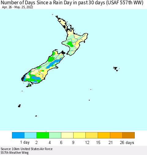 New Zealand Number of Days Since a Rain Day in past 30 days (USAF 557th WW) Thematic Map For 5/21/2022 - 5/25/2022
