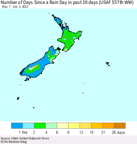 New Zealand Number of Days Since a Rain Day in past 30 days (USAF 557th WW) Thematic Map For 6/1/2022 - 6/5/2022