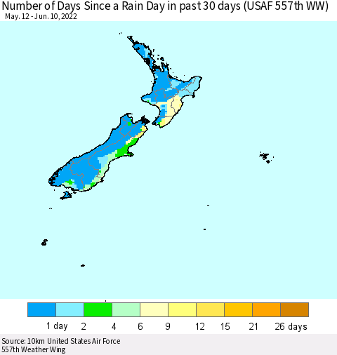 New Zealand Number of Days Since a Rain Day in past 30 days (USAF 557th WW) Thematic Map For 6/6/2022 - 6/10/2022