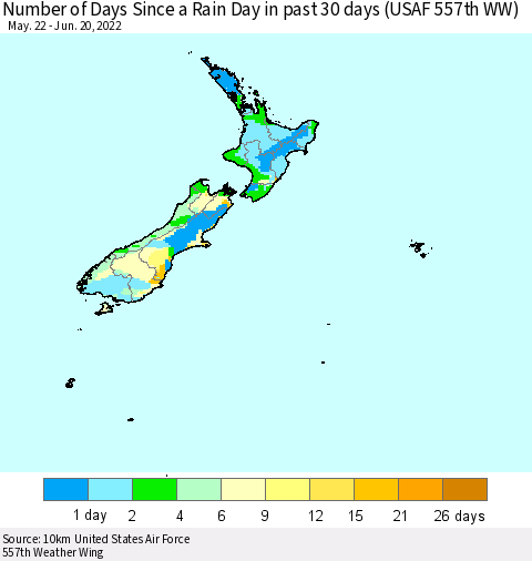 New Zealand Number of Days Since a Rain Day in past 30 days (USAF 557th WW) Thematic Map For 6/16/2022 - 6/20/2022