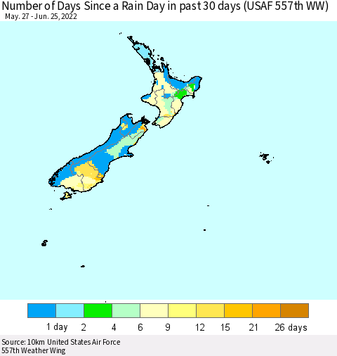 New Zealand Number of Days Since a Rain Day in past 30 days (USAF 557th WW) Thematic Map For 6/21/2022 - 6/25/2022