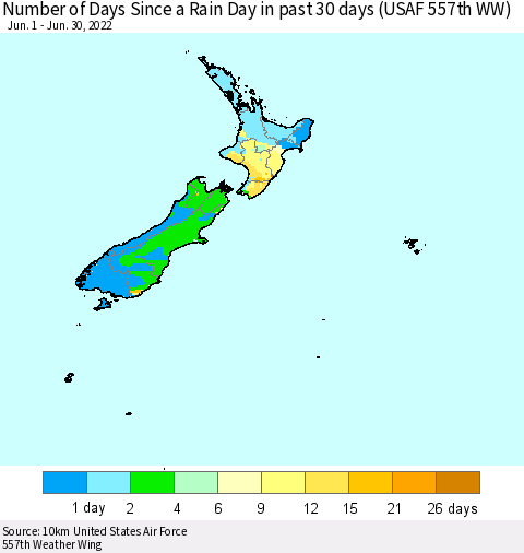 New Zealand Number of Days Since a Rain Day in past 30 days (USAF 557th WW) Thematic Map For 6/26/2022 - 6/30/2022