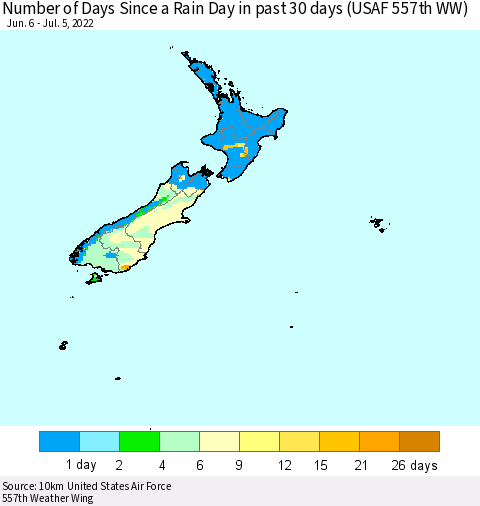 New Zealand Number of Days Since a Rain Day in past 30 days (USAF 557th WW) Thematic Map For 7/1/2022 - 7/5/2022