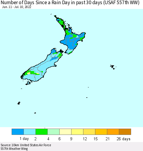 New Zealand Number of Days Since a Rain Day in past 30 days (USAF 557th WW) Thematic Map For 7/6/2022 - 7/10/2022