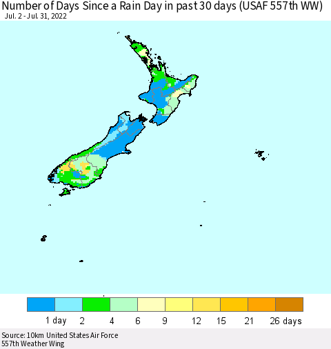 New Zealand Number of Days Since a Rain Day in past 30 days (USAF 557th WW) Thematic Map For 7/26/2022 - 7/31/2022