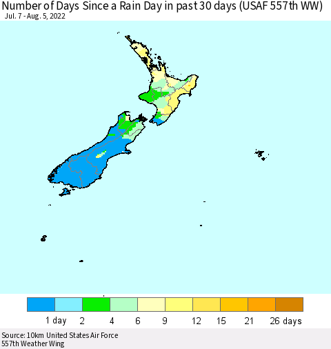 New Zealand Number of Days Since a Rain Day in past 30 days (USAF 557th WW) Thematic Map For 8/1/2022 - 8/5/2022