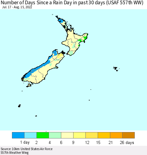 New Zealand Number of Days Since a Rain Day in past 30 days (USAF 557th WW) Thematic Map For 8/11/2022 - 8/15/2022