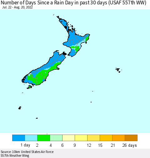 New Zealand Number of Days Since a Rain Day in past 30 days (USAF 557th WW) Thematic Map For 8/16/2022 - 8/20/2022