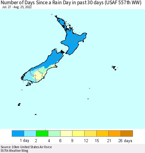 New Zealand Number of Days Since a Rain Day in past 30 days (USAF 557th WW) Thematic Map For 8/21/2022 - 8/25/2022