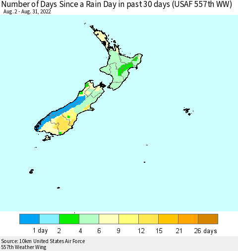 New Zealand Number of Days Since a Rain Day in past 30 days (USAF 557th WW) Thematic Map For 8/26/2022 - 8/31/2022