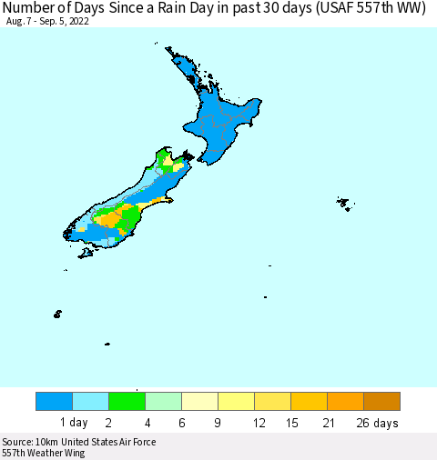 New Zealand Number of Days Since a Rain Day in past 30 days (USAF 557th WW) Thematic Map For 9/1/2022 - 9/5/2022