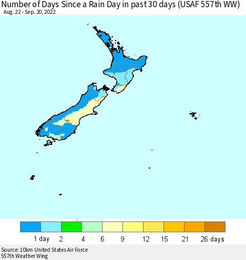 New Zealand Number of Days Since a Rain Day in past 30 days (USAF 557th WW) Thematic Map For 9/16/2022 - 9/20/2022