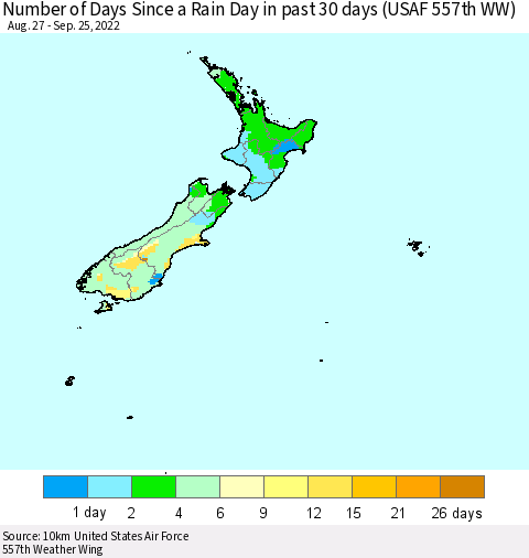 New Zealand Number of Days Since a Rain Day in past 30 days (USAF 557th WW) Thematic Map For 9/21/2022 - 9/25/2022