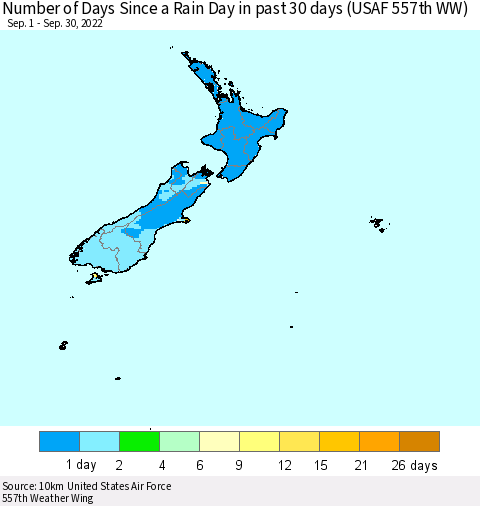 New Zealand Number of Days Since a Rain Day in past 30 days (USAF 557th WW) Thematic Map For 9/26/2022 - 9/30/2022