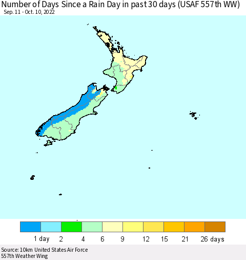 New Zealand Number of Days Since a Rain Day in past 30 days (USAF 557th WW) Thematic Map For 10/6/2022 - 10/10/2022