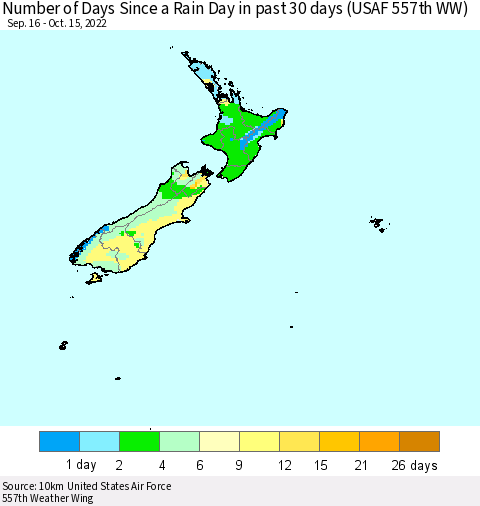 New Zealand Number of Days Since a Rain Day in past 30 days (USAF 557th WW) Thematic Map For 10/11/2022 - 10/15/2022