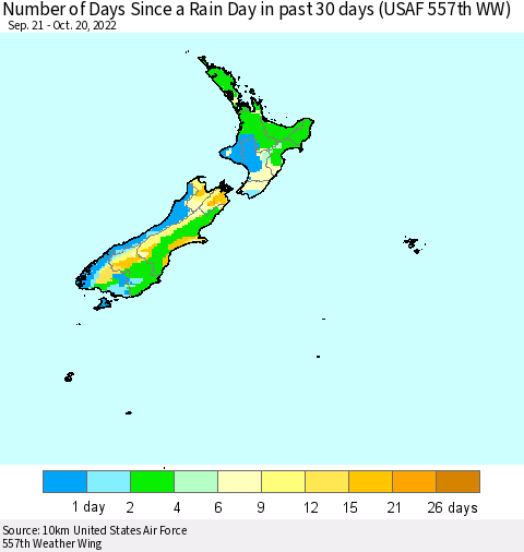 New Zealand Number of Days Since a Rain Day in past 30 days (USAF 557th WW) Thematic Map For 10/16/2022 - 10/20/2022