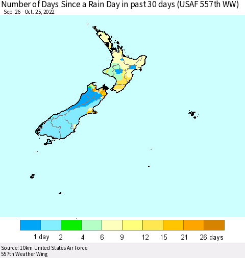 New Zealand Number of Days Since a Rain Day in past 30 days (USAF 557th WW) Thematic Map For 10/21/2022 - 10/25/2022