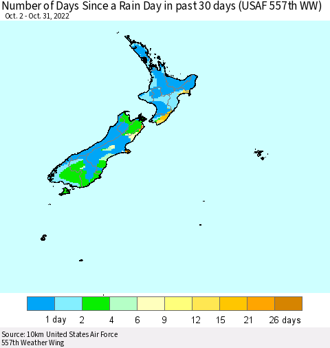 New Zealand Number of Days Since a Rain Day in past 30 days (USAF 557th WW) Thematic Map For 10/26/2022 - 10/31/2022