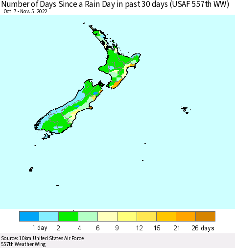 New Zealand Number of Days Since a Rain Day in past 30 days (USAF 557th WW) Thematic Map For 11/1/2022 - 11/5/2022