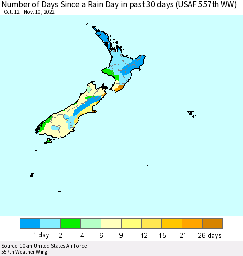 New Zealand Number of Days Since a Rain Day in past 30 days (USAF 557th WW) Thematic Map For 11/6/2022 - 11/10/2022