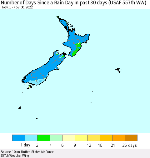 New Zealand Number of Days Since a Rain Day in past 30 days (USAF 557th WW) Thematic Map For 11/26/2022 - 11/30/2022