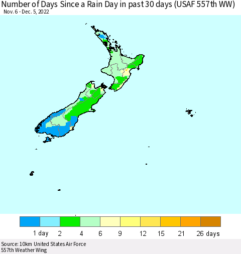 New Zealand Number of Days Since a Rain Day in past 30 days (USAF 557th WW) Thematic Map For 12/1/2022 - 12/5/2022