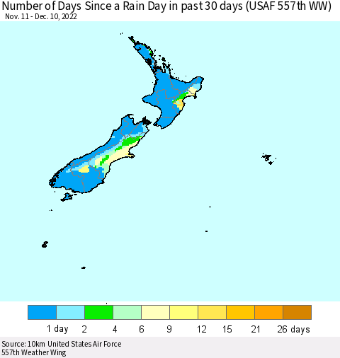 New Zealand Number of Days Since a Rain Day in past 30 days (USAF 557th WW) Thematic Map For 12/6/2022 - 12/10/2022