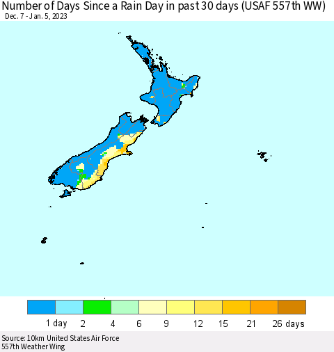 New Zealand Number of Days Since a Rain Day in past 30 days (USAF 557th WW) Thematic Map For 1/1/2023 - 1/5/2023