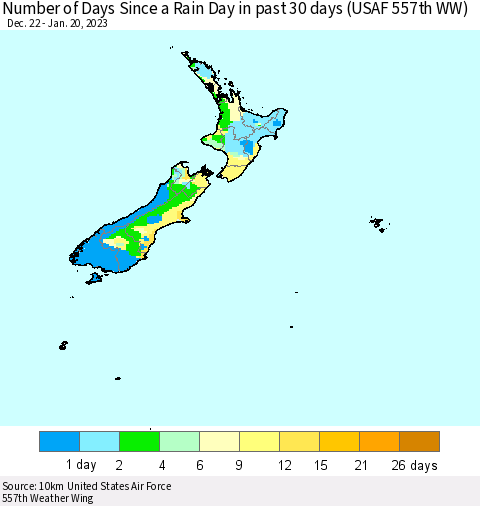 New Zealand Number of Days Since a Rain Day in past 30 days (USAF 557th WW) Thematic Map For 1/16/2023 - 1/20/2023