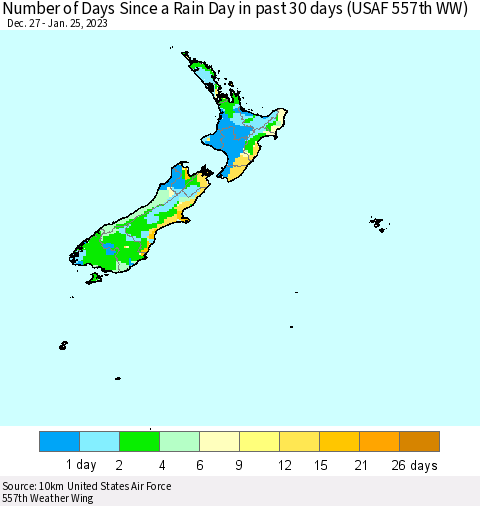 New Zealand Number of Days Since a Rain Day in past 30 days (USAF 557th WW) Thematic Map For 1/21/2023 - 1/25/2023