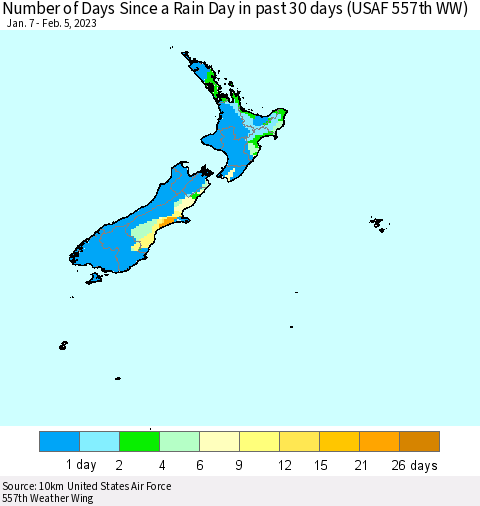 New Zealand Number of Days Since a Rain Day in past 30 days (USAF 557th WW) Thematic Map For 2/1/2023 - 2/5/2023