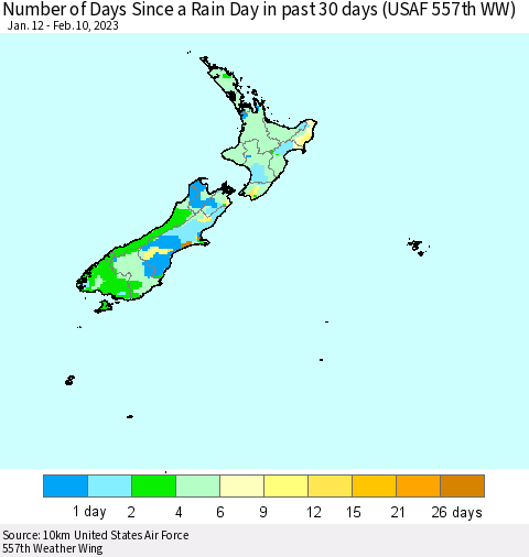 New Zealand Number of Days Since a Rain Day in past 30 days (USAF 557th WW) Thematic Map For 2/6/2023 - 2/10/2023