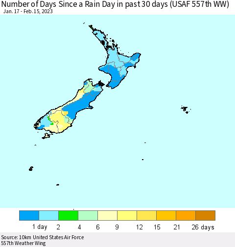 New Zealand Number of Days Since a Rain Day in past 30 days (USAF 557th WW) Thematic Map For 2/11/2023 - 2/15/2023