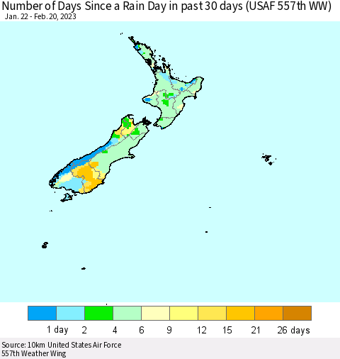New Zealand Number of Days Since a Rain Day in past 30 days (USAF 557th WW) Thematic Map For 2/16/2023 - 2/20/2023