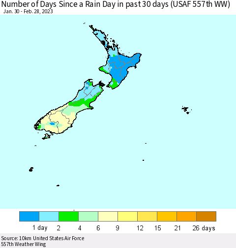 New Zealand Number of Days Since a Rain Day in past 30 days (USAF 557th WW) Thematic Map For 2/26/2023 - 2/28/2023