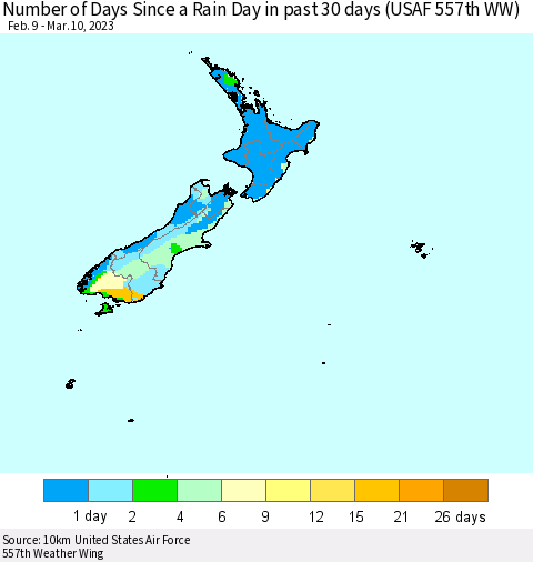 New Zealand Number of Days Since a Rain Day in past 30 days (USAF 557th WW) Thematic Map For 3/6/2023 - 3/10/2023