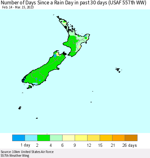 New Zealand Number of Days Since a Rain Day in past 30 days (USAF 557th WW) Thematic Map For 3/11/2023 - 3/15/2023