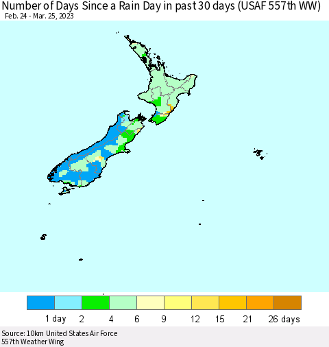 New Zealand Number of Days Since a Rain Day in past 30 days (USAF 557th WW) Thematic Map For 3/21/2023 - 3/25/2023