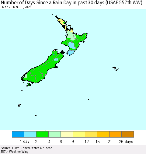 New Zealand Number of Days Since a Rain Day in past 30 days (USAF 557th WW) Thematic Map For 3/26/2023 - 3/31/2023