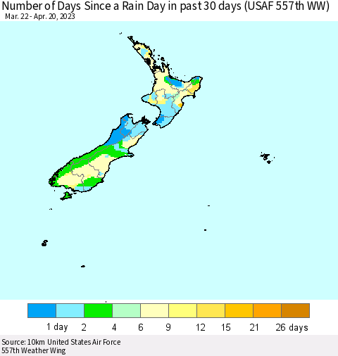 New Zealand Number of Days Since a Rain Day in past 30 days (USAF 557th WW) Thematic Map For 4/16/2023 - 4/20/2023