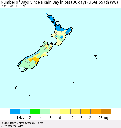 New Zealand Number of Days Since a Rain Day in past 30 days (USAF 557th WW) Thematic Map For 4/26/2023 - 4/30/2023