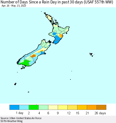 New Zealand Number of Days Since a Rain Day in past 30 days (USAF 557th WW) Thematic Map For 5/11/2023 - 5/15/2023
