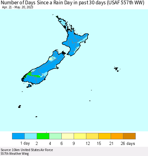 New Zealand Number of Days Since a Rain Day in past 30 days (USAF 557th WW) Thematic Map For 5/16/2023 - 5/20/2023