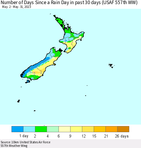 New Zealand Number of Days Since a Rain Day in past 30 days (USAF 557th WW) Thematic Map For 5/26/2023 - 5/31/2023