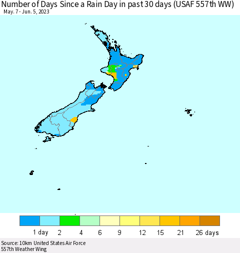 New Zealand Number of Days Since a Rain Day in past 30 days (USAF 557th WW) Thematic Map For 6/1/2023 - 6/5/2023