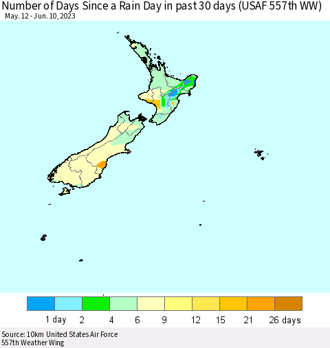 New Zealand Number of Days Since a Rain Day in past 30 days (USAF 557th WW) Thematic Map For 6/6/2023 - 6/10/2023