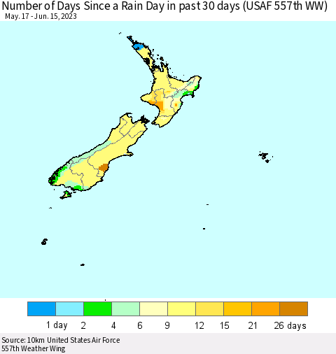 New Zealand Number of Days Since a Rain Day in past 30 days (USAF 557th WW) Thematic Map For 6/11/2023 - 6/15/2023