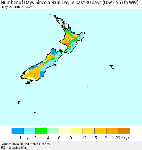 New Zealand Number of Days Since a Rain Day in past 30 days (USAF 557th WW) Thematic Map For 6/16/2023 - 6/20/2023