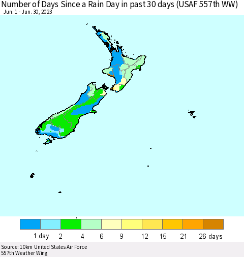 New Zealand Number of Days Since a Rain Day in past 30 days (USAF 557th WW) Thematic Map For 6/26/2023 - 6/30/2023